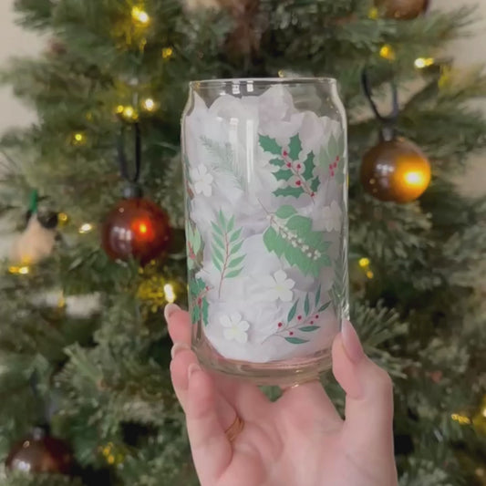 16oz Holly Leaves Glass